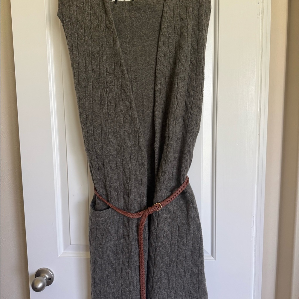 Ralph Lauren Library Wool and Cashmere Gray Cable Knit Hooded Duster with Belt
